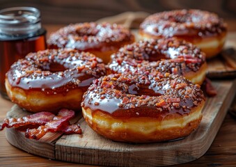 Wall Mural - Close-up of delicious maple bacon donuts topped with crispy bacon bits on a wooden board, perfect breakfast or dessert treat, sweet and savory