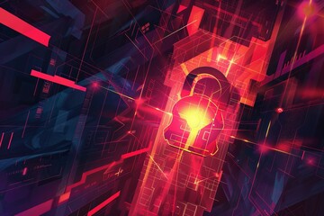 Wall Mural - Abstract red lit background with lock depicting internet security 
