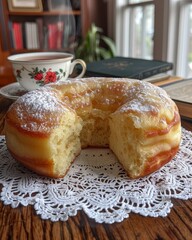 Wall Mural - A classic donut with a light dusting of powdered sugar, served with a cup of tea, captures a cozy and traditional teatime atmosphere