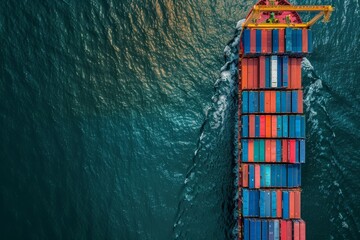 Aerial view of a massive container ship with crane bridge, transporting goods on the open ocean.