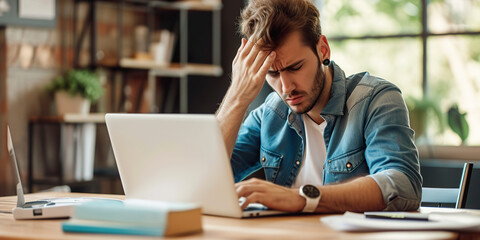 Wall Mural - Young man having stressful time working on laptop