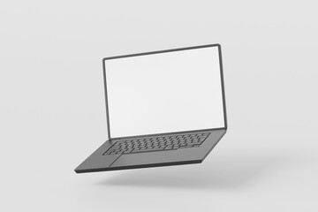 Poster - 3d Realistic laptop computer notebook device with blank white screen display on isolated white background. 3d Black laptop computer notebook. minimal creative design icon. 3d rendering. illustration.