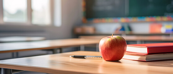 close-up of an apple in the classroom with a ballpoint pen