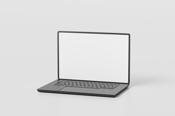 Poster - 3d Realistic laptop computer notebook device with blank white screen display on isolated white background. 3d Black laptop computer notebook. minimal creative design icon. 3d rendering. illustration.