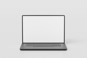 Poster - 3d Realistic laptop computer notebook device with blank white screen display on isolated white background. 3d Black laptop computer notebook. minimal creative design icon. 3d rendering. illustration.