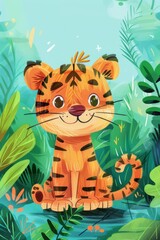 Wall Mural - cute tiger with nature background. children illustration