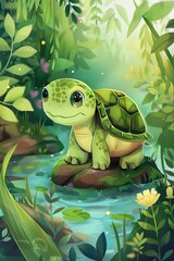 cute turtle with nature background. children illustration