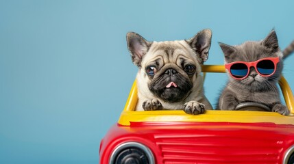 Funny pug dog and cat with sunglasses in toy car on light blue background