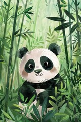 Wall Mural - cute panda in bamboo forest illustration. children drawing style