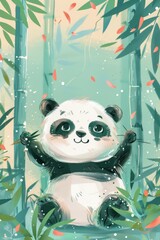 Wall Mural - cute panda in bamboo forest illustration. children drawing style