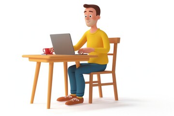 Cartoon character, a guy in casual attire sitting at his home office desk, typing on his laptop, on isolated white background, Generative AI