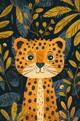 Wall Mural - cute leopard with nature background. children illustration