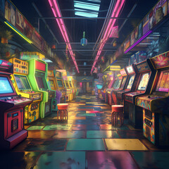 Wall Mural - A retro arcade with colorful game machines.