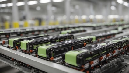 Close-up perspective of electric vehicle battery cells on a mass production assembly line Generative AI