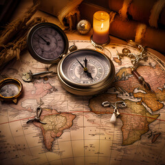 Canvas Print - A vintage map with a compass and explorers tools.