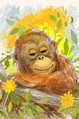 Wall Mural - cute orangutan with nature background. children illustration