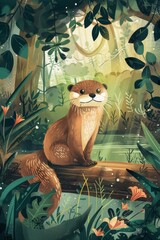 Wall Mural - cute otter with nature background. children illustration