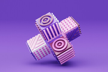 Poster - 3D illustration, abstract shape illusion of various squares with patterns, isometric abstract shapes, intertwining colorful shapes