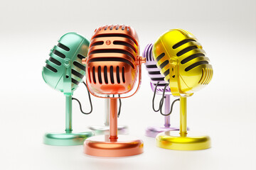 Realistic colorful microphones. 3D studio and stage audio equipment, vintage and modern metal microphones. 3d illustration