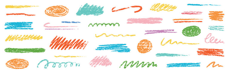 Aufkleber - Crayon brush underline color stroke. Chalk kid highlight scribble stroke. Vector hand drawn brush underline element set for accent, crayon texture emphasis element. Rough chalk vector illustration
