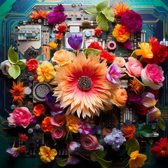 Wall Mural - Colorful flowers blooming on a circuit board 