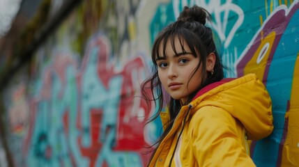 Wall Mural - Stylish young woman in yellow jacket posing before vibrant graffiti.