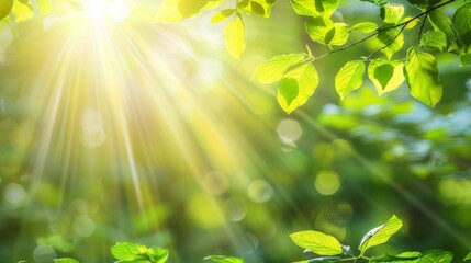 Vivid sunrays breaking through the lush green foliage on a bright summer day.