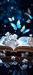 Wall Mural - a snowy an open book pages begin to fly above the book, flowers, butterflies and glitter, art background 9:20, ai generative