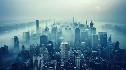 analogue still high angle shot of a foggy metropolitan city landscape