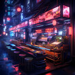 Neon-lit sushi bar in a cyberpunk metropolis
