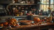 © Kevin - A kitchen scene with a thanksgiving dinner. The counter is filled with ingredients for the meal pumpkins, apples. and baking, capturing effort that goes into the meal.