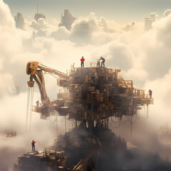 Sticker - Robotic construction workers building a city in the clouds