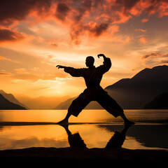 Poster - Silhouette of a person practicing tai chi at sunset