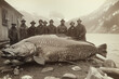 male fishermen stand next to record catch of a giant large big fish in a Scandinavian village. Old retro vintage documentary archival black and white photography