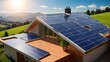 Photovoltaic cells transforming sunlight into electricity on eco-conscious house roofs Generative AI