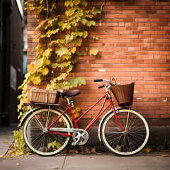 Sticker - Vintage bicycle leaning against a brick wall.