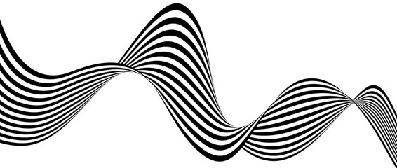 Poster - Black and white wavy bent ribbon element. 3D curve stripe shape background. Liquid abstract lines wallpaper for banner, cover, poster, presentation, brochure. Optical illusion art backdrop. Vector 