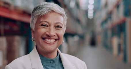 Poster - Tablet, logistics and senior woman in warehouse checking information for order, stock or boxes. Smile, research and portrait of mature female industry worker with digital technology in storage room.