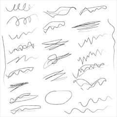 Charcoal scribble stripes and bold strikethroughs. Hand drawn rough doodle scratches in crayon or marker. Vector horizontal waves, marker sketch style squiggles.  Vector graphic  illustration . 