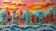three-dimensional  of Miami beach, puffy clouds, waves, palm trees, combines the beauty with the creativity of paper cutouts