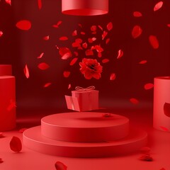 User
3D podium, display, background. Red, surprise, open gift box. Rose flower falling petals. Luxury cosmetic product presentation. Abstract, love, valentines day or woman's day. 3D render birthday m