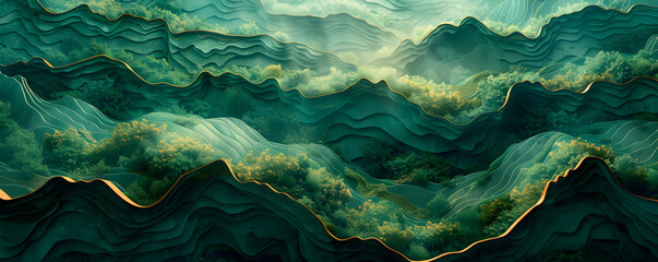 Wall Mural - Aesthetics abstract wallpaper background design, organic lines in rich layers, digital waves pattern artwork portraying multiple layers of nature landscape, green hills and valley banner