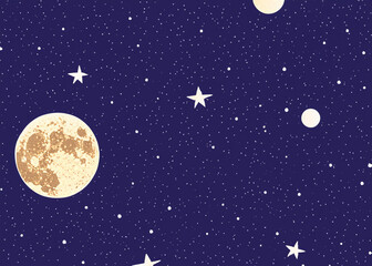 abstract cartoon style of blue night sky with stars and moon created with generative ai technology. 