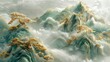 Chinese landscape painting, mountains, bright trees clouds