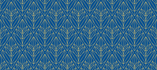 Poster - Retro art deco blue and gold seamless pattern. Repeated golden floral leaves motif. Vintage decorative texture for wallpaper, textile, fabric, print swatch. Vector elegant linear ornament backdrop