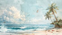 Pastel Paper Style Watercolor Painting In The Style Of Knolling Photography Of A White Beach With Palm Trees, Some Seagulls And Crabs And Crashing Waves