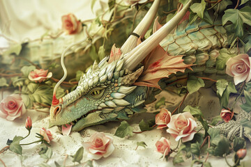 Wall Mural - A dragon gardener, vines entwined in its horns, cultivates enchanted blooms.