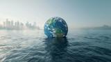 A globe surrounded by rising sea levels