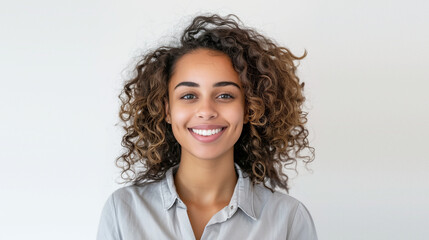 Human Face Expression A Potrait Of An American Mexican Brazilian Latina Young Woman With Curly Hair Wearing Grey Shirt Smiling In Front Of The Camera On Grey Background