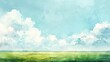 peaceful watercolor scene showcasing a vibrant green meadow under a bright blue sky dotted with cotton-like white clouds